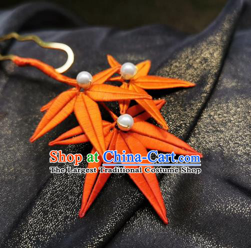 Chinese Classical Red Silk Maple Leaf Hair Stick Handmade Hanfu Hair Accessories Ancient Song Dynasty Court Hairpins