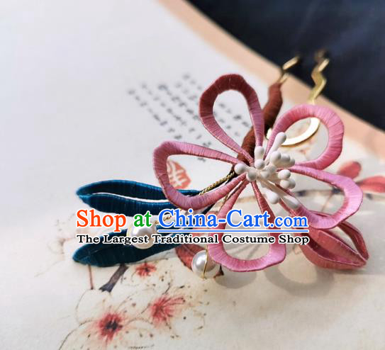 Chinese Classical Pink Silk Flower Hair Stick Handmade Hanfu Hair Accessories Ancient Song Dynasty Court Peach Blossom Hairpins