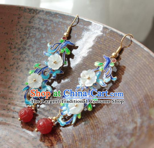 Chinese Handmade Shell Flowers Earrings Classical Jewelry Accessories Hanfu Ming Dynasty Princess Blueing Eardrop
