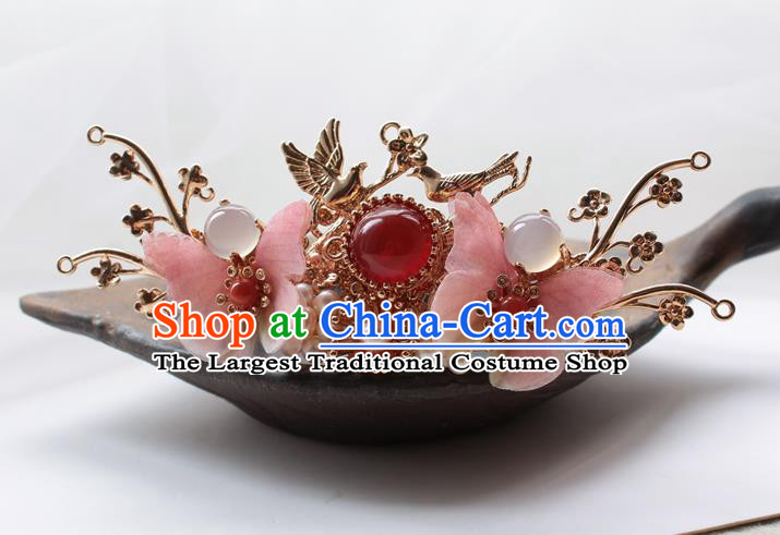 Chinese Classical Pink Silk Butterfly Hair Crown Handmade Hanfu Hair Accessories Ancient Ming Dynasty Princess Golden Plum Bird Hairpins