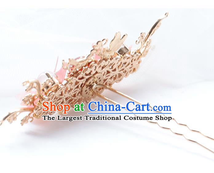 Chinese Classical Pink Silk Butterfly Hair Crown Handmade Hanfu Hair Accessories Ancient Ming Dynasty Princess Golden Plum Bird Hairpins