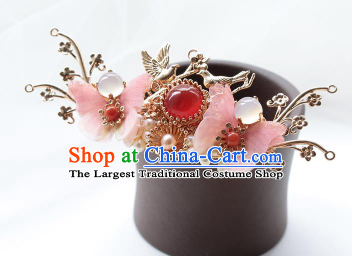 Chinese Classical Pink Silk Butterfly Hair Crown Handmade Hanfu Hair Accessories Ancient Ming Dynasty Princess Golden Plum Bird Hairpins