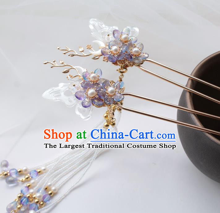 Chinese Classical Purple Plum Hair Stick Handmade Hanfu Hair Accessories Ancient Ming Dynasty Princess Butterfly Hairpins