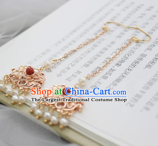Chinese Handmade Pearls Tassel Earrings Classical Jewelry Accessories Hanfu Ming Dynasty Golden Eardrop