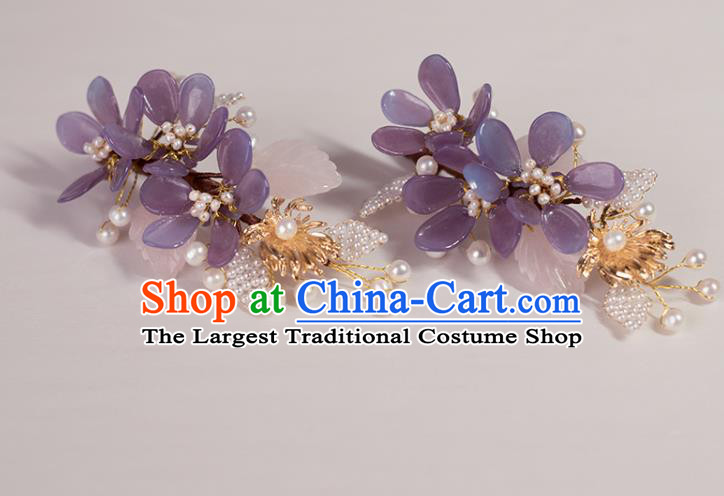 Chinese Classical Court Purple Flowers Hair Sticks Handmade Hanfu Hair Accessories Ancient Song Dynasty Princess Pearls Hairpins