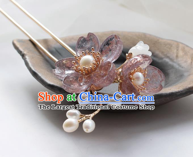 Chinese Classical Lilac Sakura Hair Stick Handmade Hanfu Hair Accessories Ancient Ming Dynasty Princess Beads Tassel Hairpins