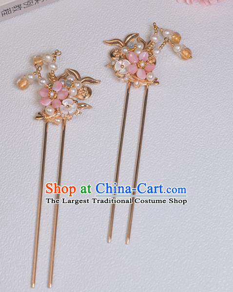 Chinese Classical Court Pink Plum Hair Stick Handmade Hanfu Hair Accessories Ancient Song Dynasty Princess Pearls Golden Hairpins