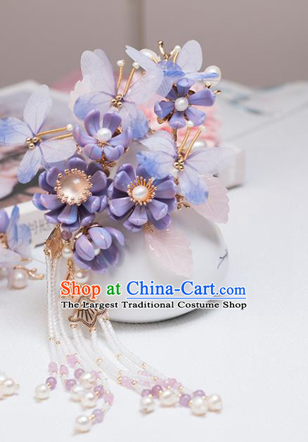 Chinese Classical Court Purple Butterfly Hair Stick Handmade Hanfu Hair Accessories Ancient Ming Dynasty Princess Flowers Tassel Hairpins