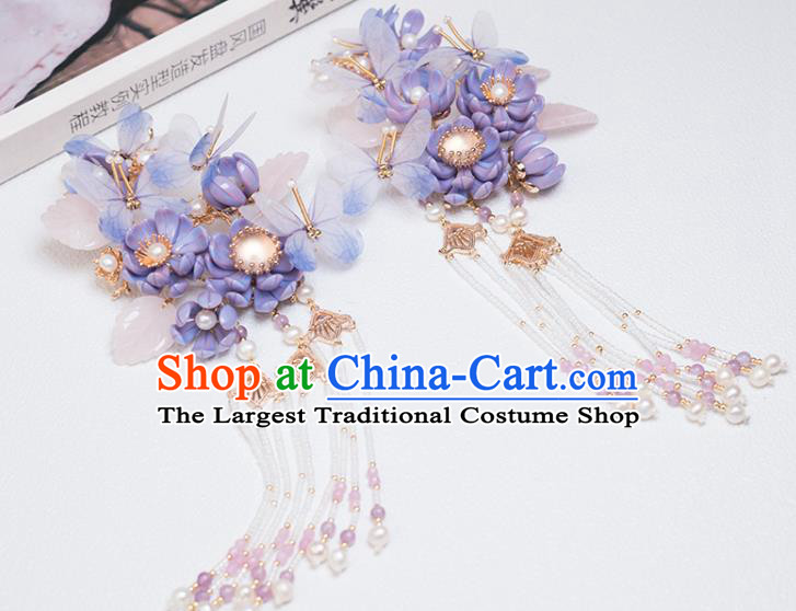 Chinese Classical Court Purple Butterfly Hair Stick Handmade Hanfu Hair Accessories Ancient Ming Dynasty Princess Flowers Tassel Hairpins