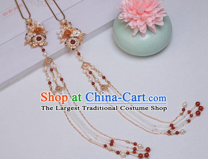 Chinese Classical Court Beads Tassel Hair Stick Handmade Hanfu Hair Accessories Ancient Ming Dynasty Empress Golden Pearls Hairpins