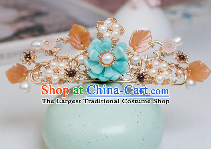 Chinese Classical Court Blue Flower Hair Comb Handmade Hanfu Hair Accessories Ancient Ming Dynasty Empress Pearls Hairpins Hair Crown