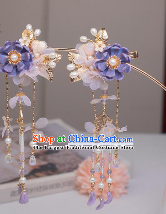 Chinese Classical Court Pink Silk Flower Hair Stick Handmade Hanfu Hair Accessories Ancient Ming Dynasty Princess Purple Lotus Hairpins