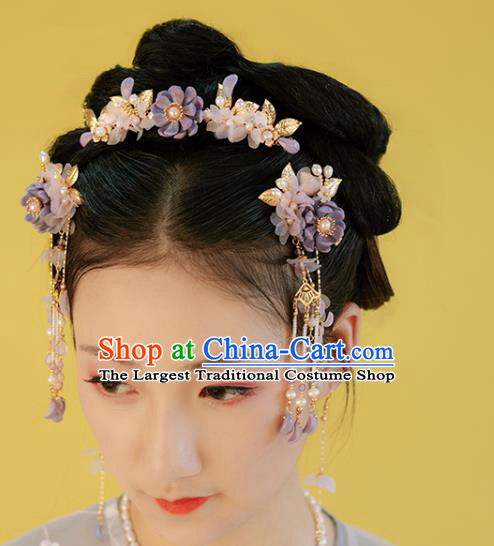 Chinese Classical Court Pink Silk Flower Hair Stick Handmade Hanfu Hair Accessories Ancient Ming Dynasty Princess Purple Lotus Hairpins