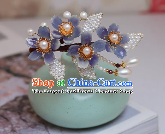 Chinese Classical Court Purple Sakura Hair Sticks Handmade Hanfu Hair Accessories Ancient Ming Dynasty Princess Pearls Hairpins