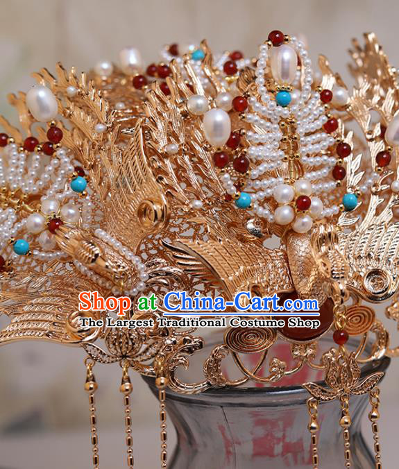 Chinese Classical Court Golden Phoenix Hair Crown Handmade Hanfu Hair Accessories Ancient Han Dynasty Empress Pearls Hairpins