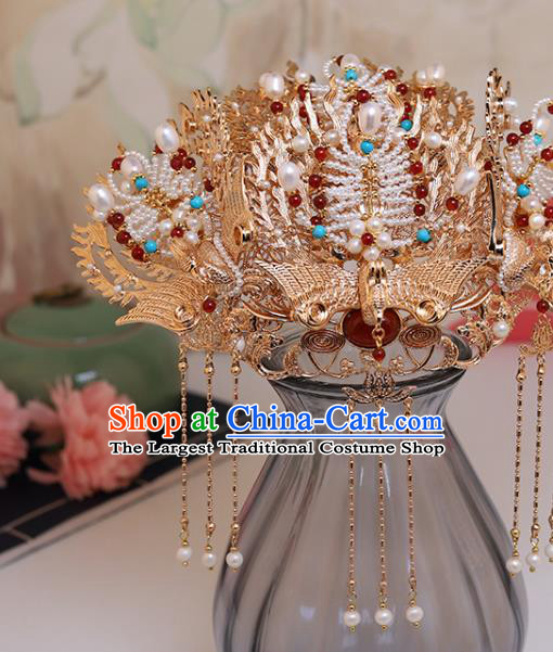 Chinese Classical Court Golden Phoenix Hair Crown Handmade Hanfu Hair Accessories Ancient Han Dynasty Empress Pearls Hairpins
