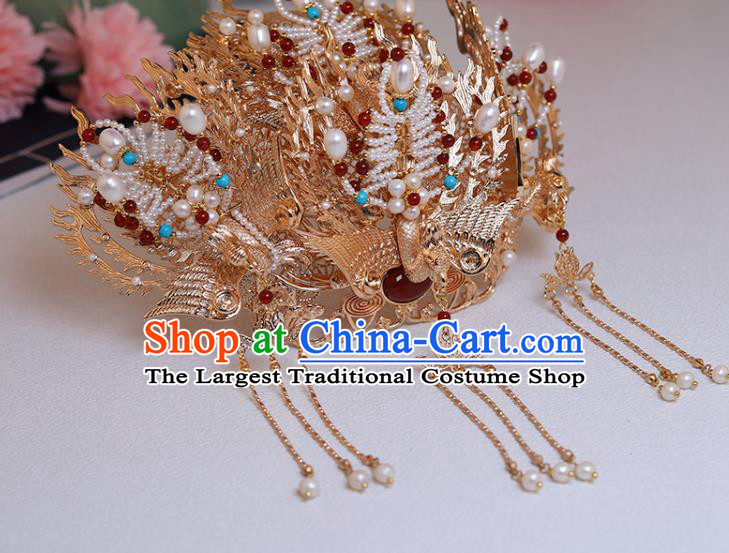 Chinese Classical Court Golden Phoenix Hair Crown Handmade Hanfu Hair Accessories Ancient Han Dynasty Empress Pearls Hairpins