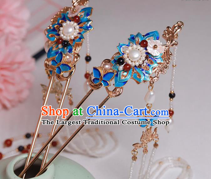 Chinese Classical Court Blueing Lotus Hair Stick Handmade Hanfu Hair Accessories Ancient Ming Dynasty Empress Pearls Tassel Hairpins