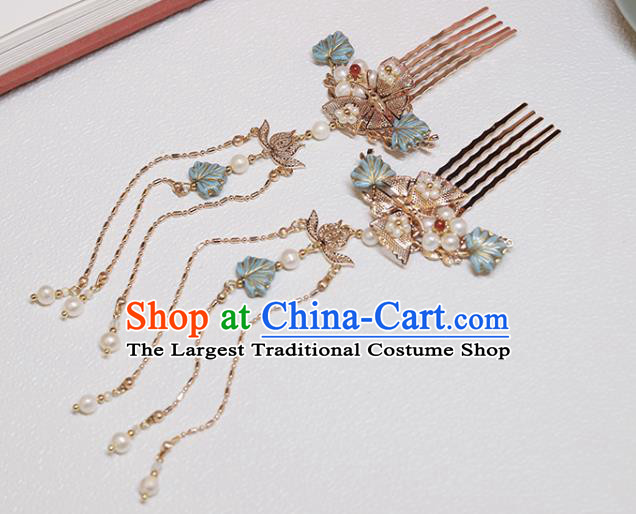 Chinese Classical Court Golden Hair Combs Handmade Hanfu Hair Accessories Ancient Ming Dynasty Princess Blue Leaf Pearls Hairpins