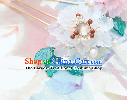 Chinese Classical Palace White Peony Hair Stick Handmade Hanfu Hair Accessories Ancient Ming Dynasty Princess Chalcedony Hairpins
