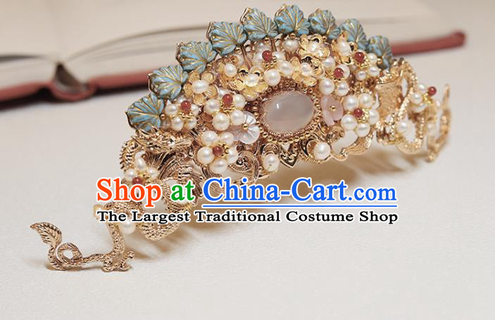 Chinese Classical Court Blue Leaf Hair Crown Handmade Hanfu Hair Accessories Ancient Ming Dynasty Princess Golden Dragon Pearls Hairpins