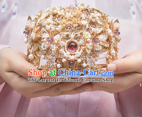 Chinese Classical Palace Golden Pearls Hair Crown Handmade Hanfu Hair Accessories Ancient Song Dynasty Empress Hairpins