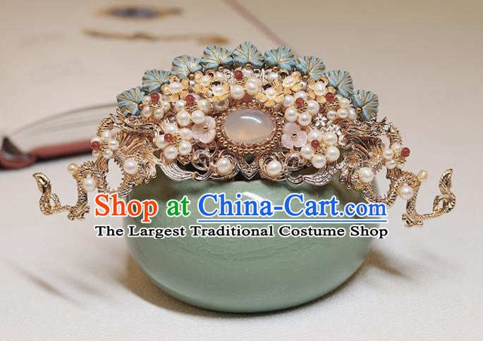 Chinese Classical Court Blue Leaf Hair Crown Handmade Hanfu Hair Accessories Ancient Ming Dynasty Princess Golden Dragon Pearls Hairpins