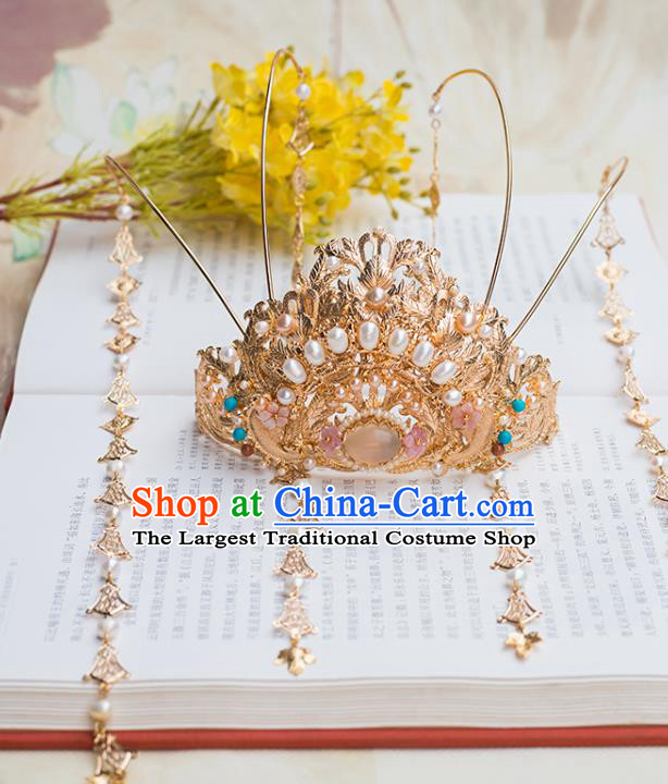 Chinese Classical Palace Pearls Golden Tassel Hair Crown Handmade Hanfu Hair Accessories Ancient Ming Dynasty Empress Pink Chalcedony Hairpins