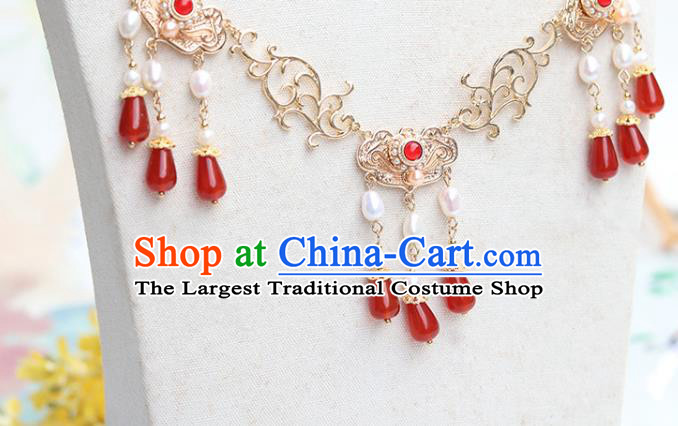 Chinese Handmade Red Agate Tassel Necklet Classical Jewelry Accessories Ancient Ming Dynasty Princess Hanfu Golden Necklace for Women
