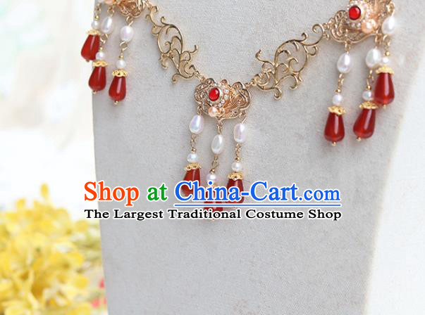 Chinese Handmade Red Agate Tassel Necklet Classical Jewelry Accessories Ancient Ming Dynasty Princess Hanfu Golden Necklace for Women