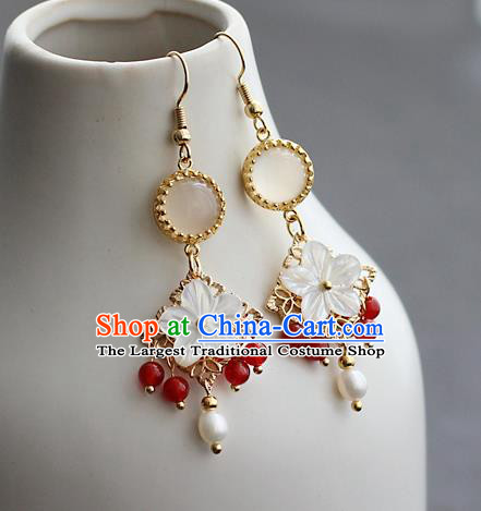 Chinese Handmade Red Beads Earrings Classical Jewelry Accessories Hanfu Ming Dynasty Princess Shell Plum Eardrop