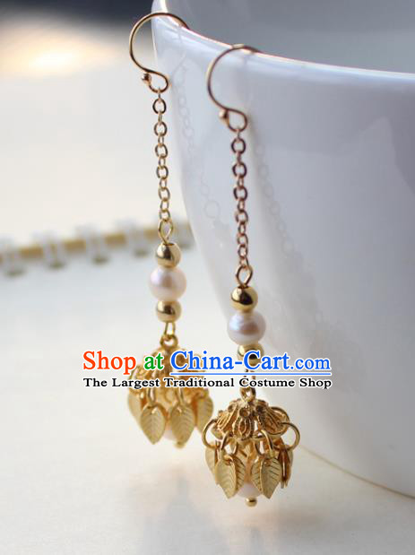 Chinese Handmade Golden Leaf Tassel Earrings Classical Jewelry Accessories Hanfu Ming Dynasty Princess Pearls Eardrop