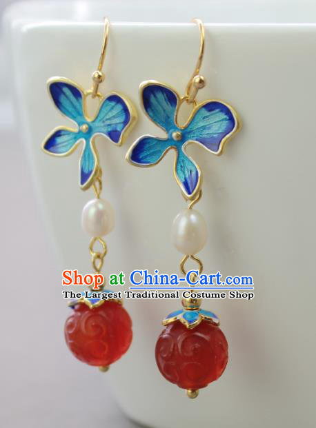 Chinese Handmade Blueing Flower Earrings Classical Jewelry Accessories Hanfu Ming Dynasty Princess Agate Eardrop