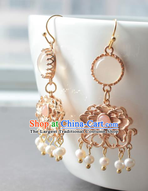 Chinese Handmade Golden Peony Earrings Classical Jewelry Accessories Hanfu Ming Dynasty Princess Pearls Tassel Eardrop
