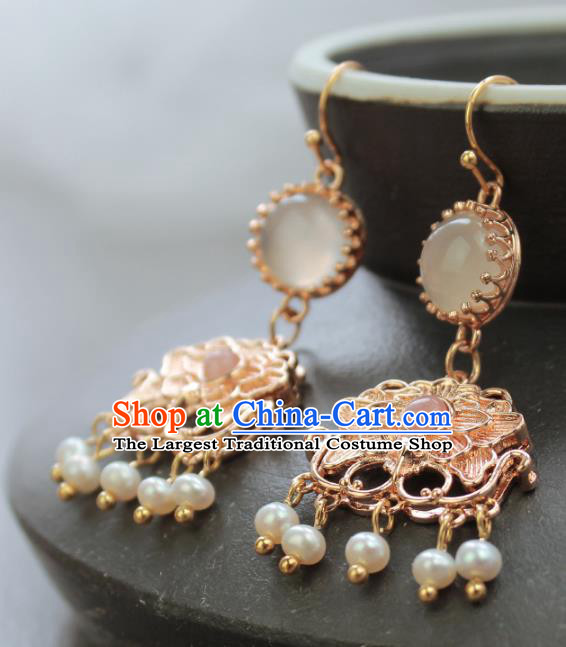 Chinese Handmade Golden Peony Earrings Classical Jewelry Accessories Hanfu Ming Dynasty Princess Pearls Tassel Eardrop