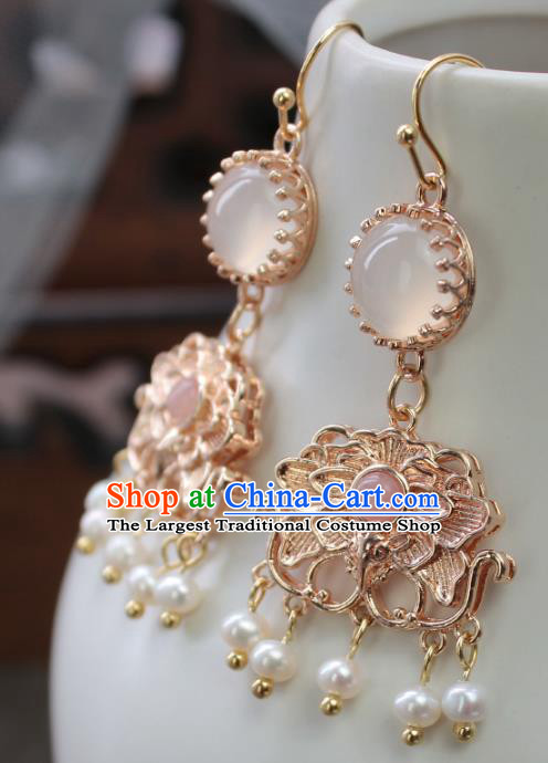 Chinese Handmade Golden Peony Earrings Classical Jewelry Accessories Hanfu Ming Dynasty Princess Pearls Tassel Eardrop