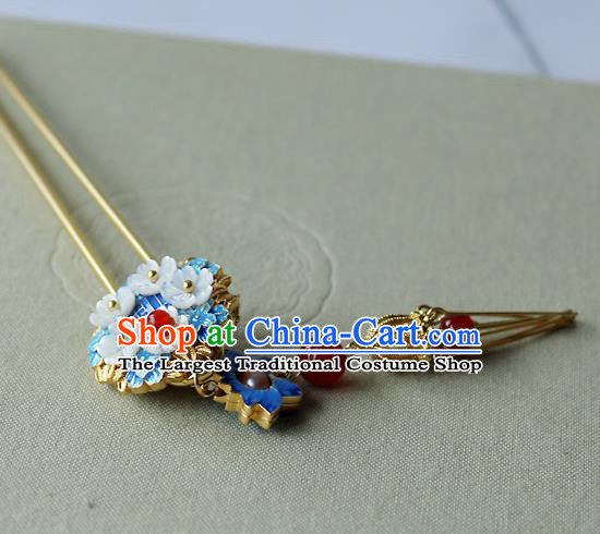 Chinese Classical Blueing Lotus Hair Stick Handmade Hanfu Hair Accessories Ancient Ming Dynasty Empress Golden Tassel Agate Hairpins