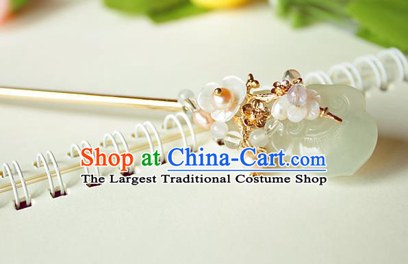 Chinese Classical Jade Golden Hair Stick Handmade Hanfu Hair Accessories Ancient Ming Dynasty Queen Hairpins