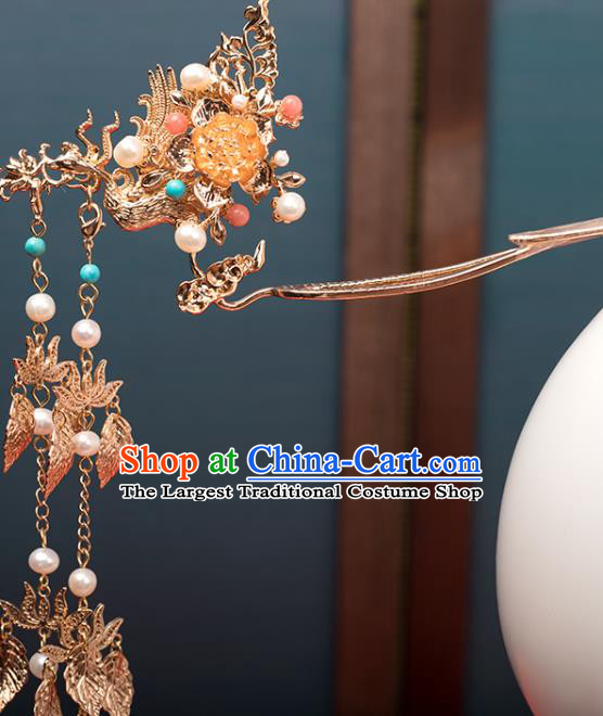 Chinese Classical Golden Lotus Tassel Hair Stick Handmade Hanfu Hair Accessories Ancient Ming Dynasty Empress Phoenix Hairpins