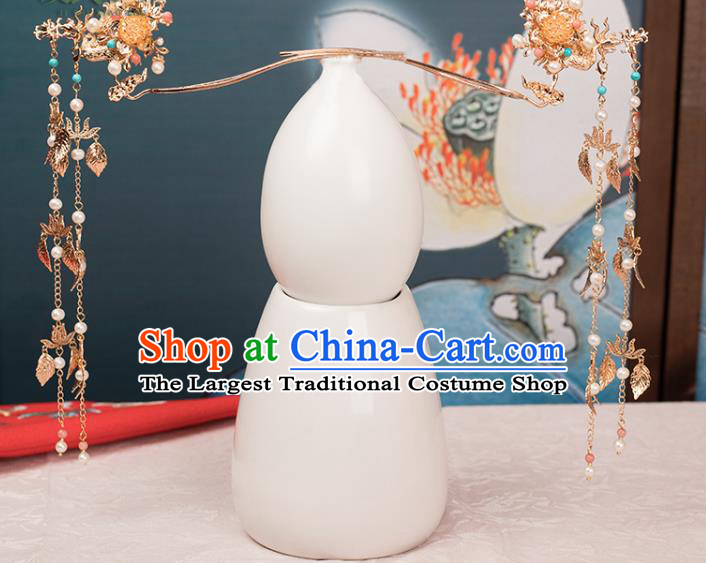 Chinese Classical Golden Lotus Tassel Hair Stick Handmade Hanfu Hair Accessories Ancient Ming Dynasty Empress Phoenix Hairpins
