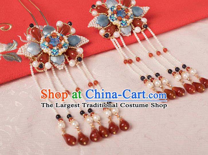 Chinese Classical Pearls Tassel Hair Stick Handmade Hanfu Hair Accessories Ancient Ming Dynasty Princess Blueing Agate Hairpins
