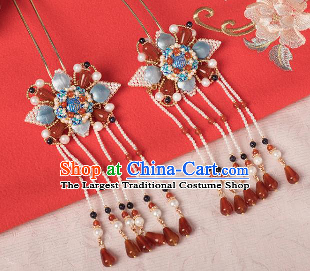Chinese Classical Pearls Tassel Hair Stick Handmade Hanfu Hair Accessories Ancient Ming Dynasty Princess Blueing Agate Hairpins