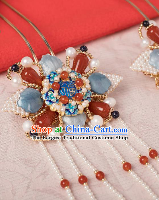 Chinese Classical Pearls Tassel Hair Stick Handmade Hanfu Hair Accessories Ancient Ming Dynasty Princess Blueing Agate Hairpins