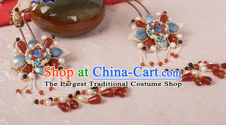 Chinese Classical Pearls Tassel Hair Stick Handmade Hanfu Hair Accessories Ancient Ming Dynasty Princess Blueing Agate Hairpins