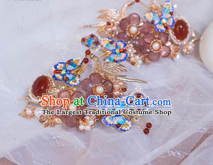 Chinese Classical Blueing Butterfly Hair Stick Handmade Hanfu Hair Accessories Ancient Ming Dynasty Princess Pearls Agate Hairpins