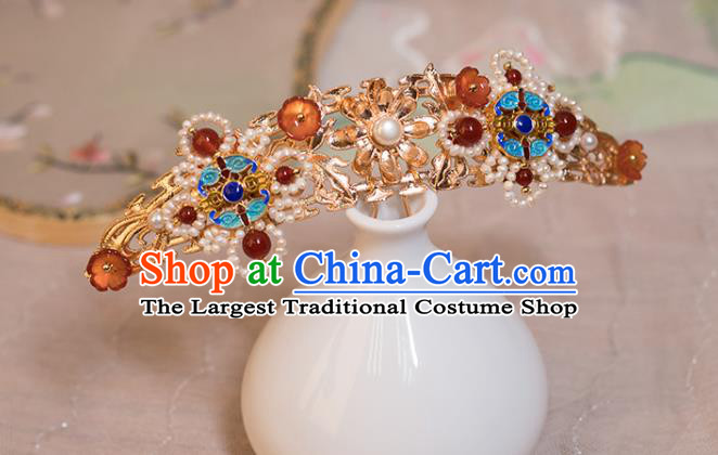 Chinese Classical Blueing Pearls Hair Comb Handmade Hanfu Hair Accessories Ancient Ming Dynasty Princess Hairpins Agate Hair Crown