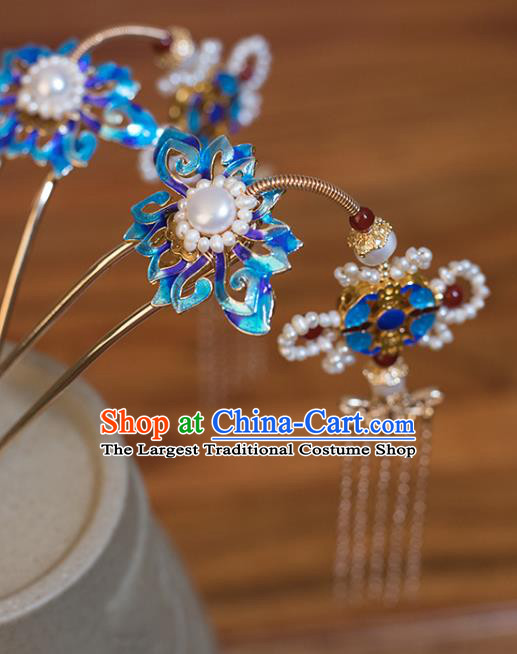 Chinese Classical Blueing Hair Comb Handmade Hanfu Hair Accessories Ancient Ming Dynasty Princess Golden Tassel Pearls Hairpins