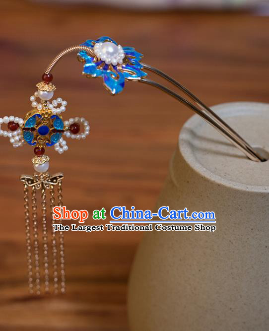 Chinese Classical Blueing Hair Comb Handmade Hanfu Hair Accessories Ancient Ming Dynasty Princess Golden Tassel Pearls Hairpins