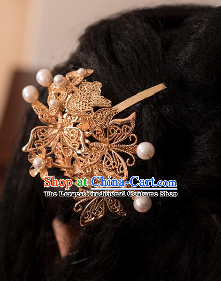 Chinese Classical Pearls Hair Stick Handmade Hanfu Hair Accessories Ancient Ming Dynasty Queen Golden Phoenix Hairpins