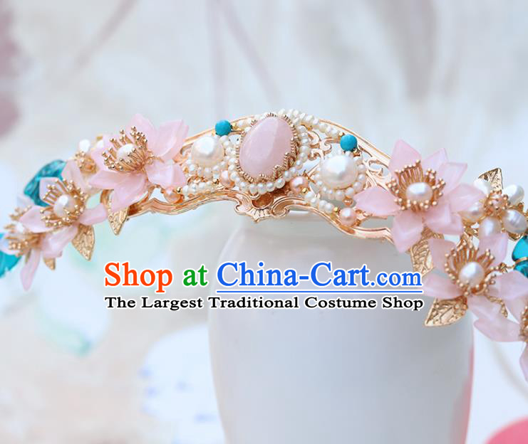 Chinese Classical Palace Pink Lotus Pearls Hair Crown Handmade Hanfu Hair Accessories Ancient Ming Dynasty Empress Hairpins